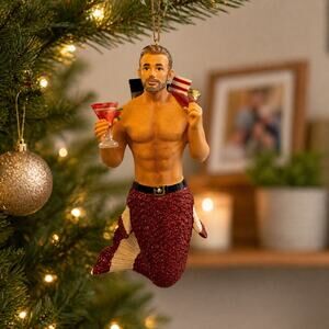 December Diamonds Santa Daddy II Merman Ornament Retired 2016 Red Glitter 7"